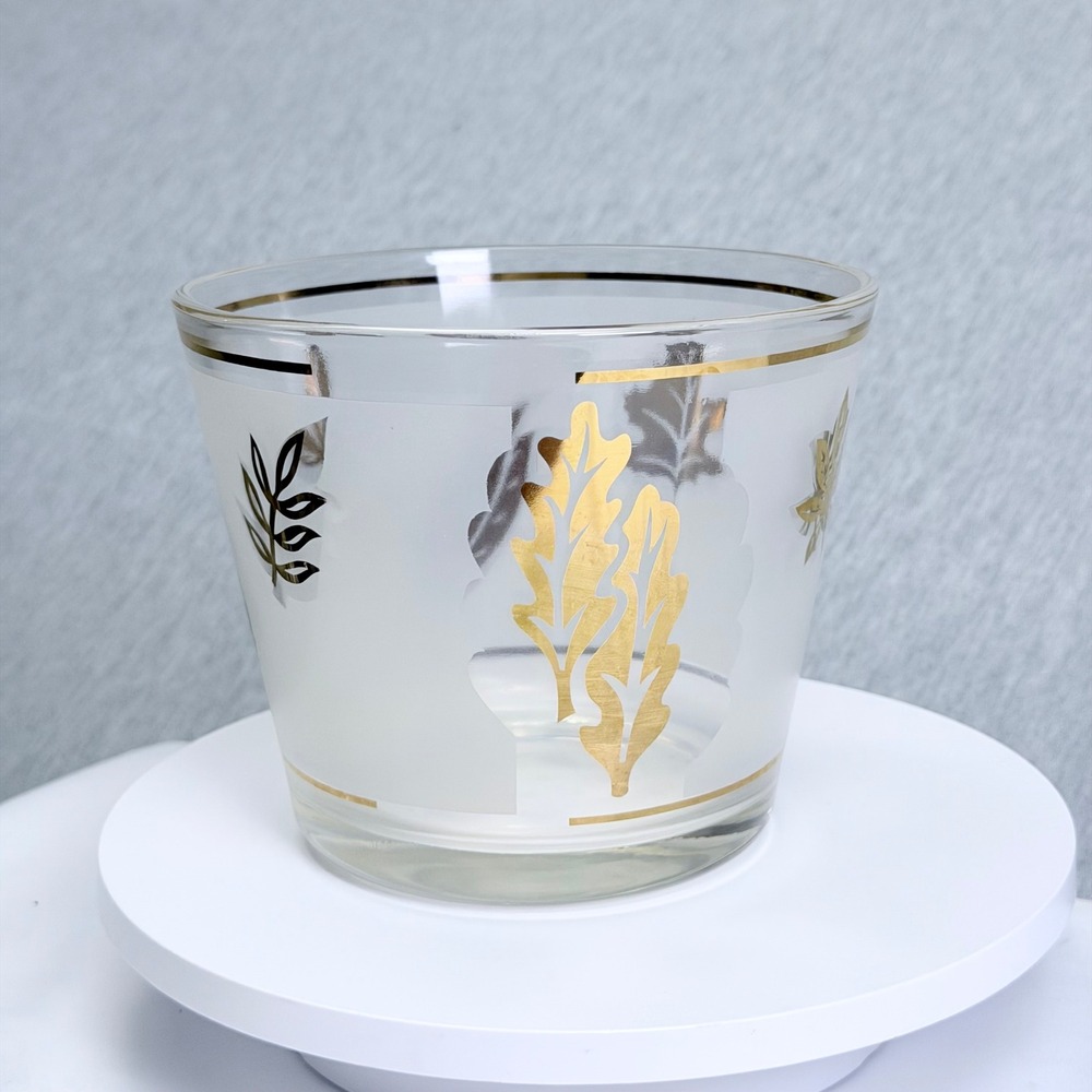 Vintage Libbey Golden Foliage Frosted Glass Planter Ice Bucket 22k Gold Leaf MCM